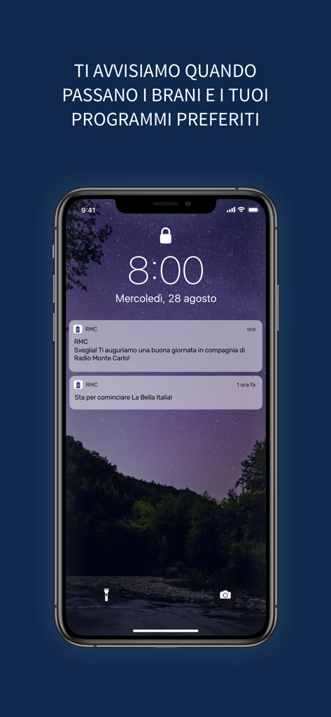 Radio Monte Carlo – RMC - iPhone lock screen showing Radio Monte Carlo app notifications for an alarm and favorite programs