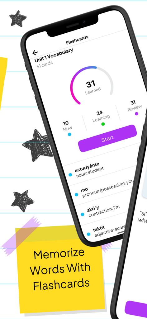 Turong Wika - Learn Tagalog - A mobile app screen showing Tagalog vocabulary flashcards with progress tracking and learning statistics.