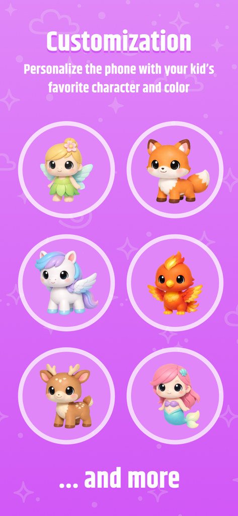 My Magic Phone - Personalisierungsbildschirm, der niedliche Charaktere zeigt, aus denen Kinder in der App wählen können.
