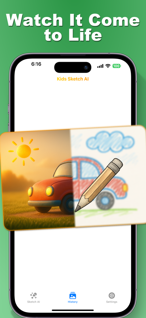 Kids Sketch AI: Drawing to Art - Una comparación en pantalla dividida del dibujo de un coche de un niño junto a una versión de arte realista generada por IA de alta calidad