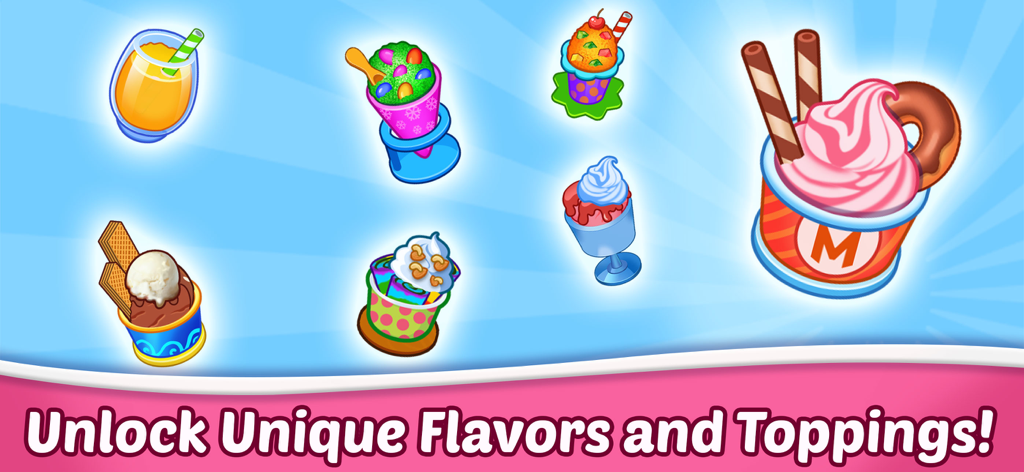 Ice Cream Fever : Cooking Game - A collection of colorful ice cream sundaes cones and drinks with various toppings
