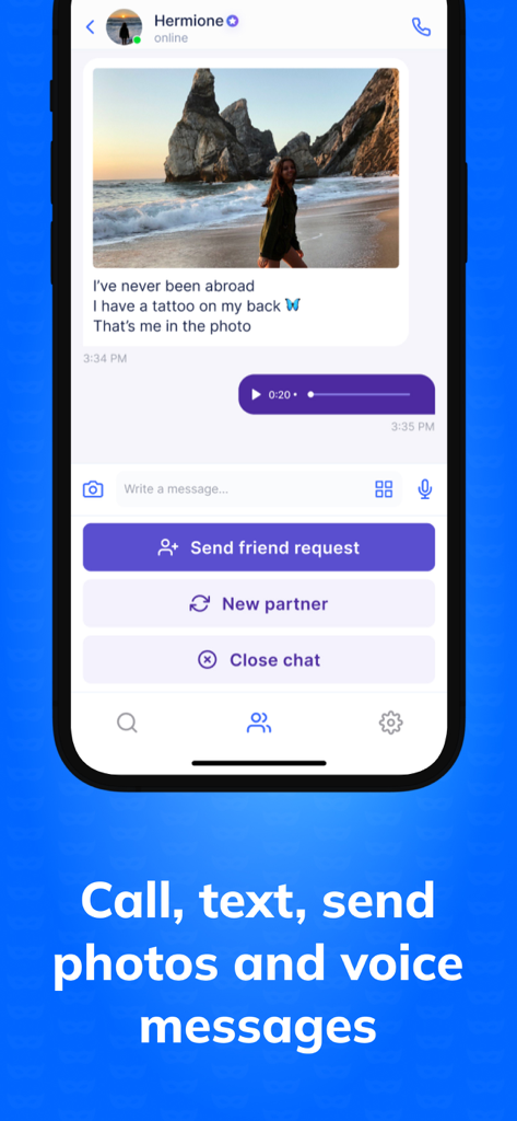 AnonChat app interface showing an anonymous conversation with shared photos and voice messages