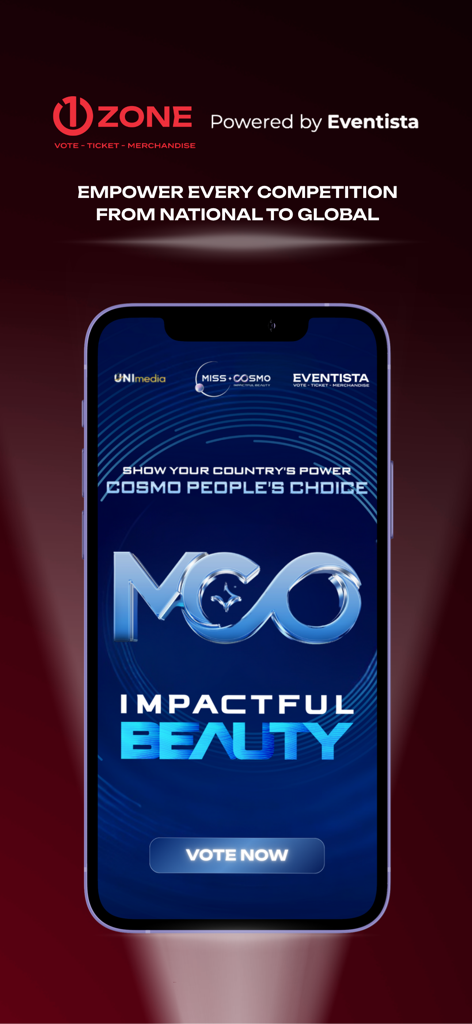 1Zone - 1Zone app interface for Miss Cosmo competition voting with a Vote Now button