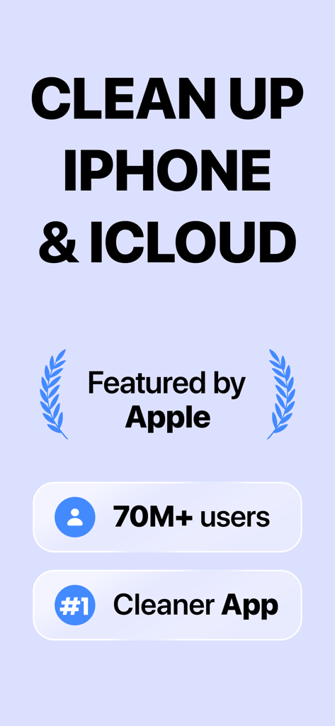 Cleaner Kit app promotion highlighting Apple feature status and over 70 million users for iPhone and iCloud cleanup