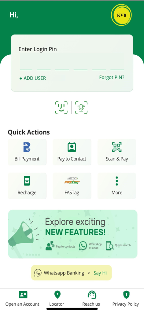 Login screen of the KVB DLite mobile banking app showing quick access buttons for bill payments and recharge services
