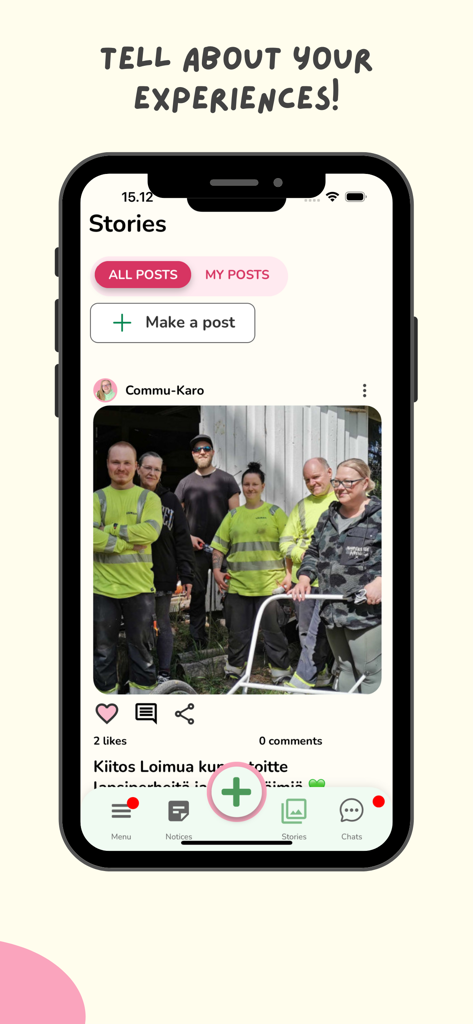 Commu - Interface of the Commu app showing a feed of user stories about community volunteering and helping neighbors.