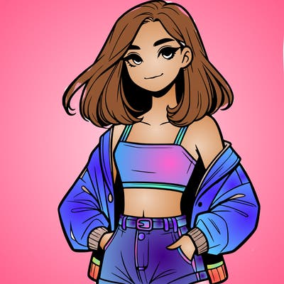 a realistic girl with a crop top and short shorts in an open jacket