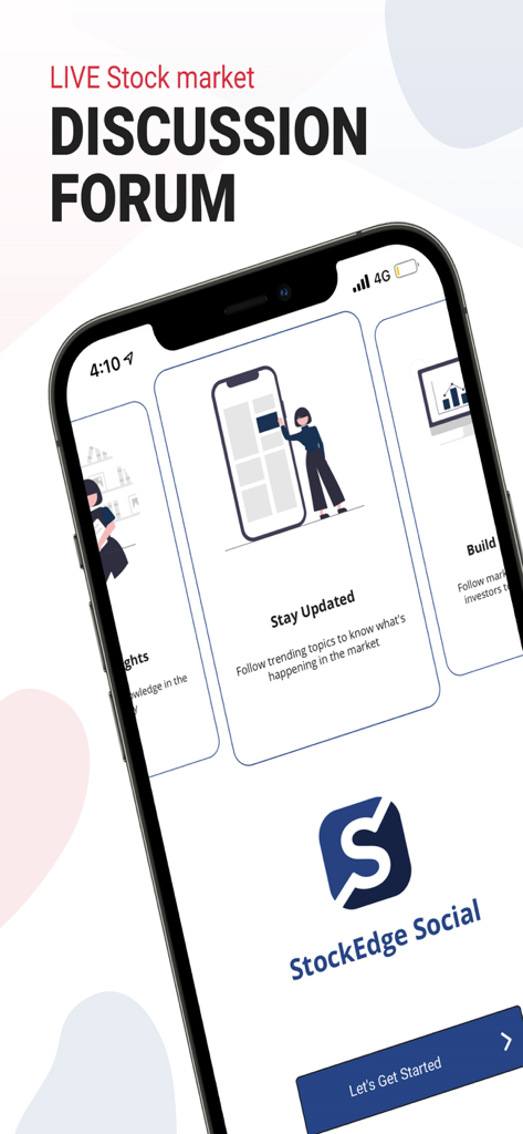 라이브 주식 시장 토론 포럼을 위한 StockEdge Social 앱 온보딩 화면
