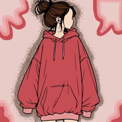 realistic girl with a oversized sweatshirt on and a bun