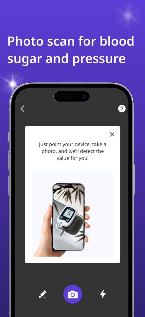 A smartphone screen showing the VitalWise AI app photo scan feature for blood sugar and blood pressure readings.