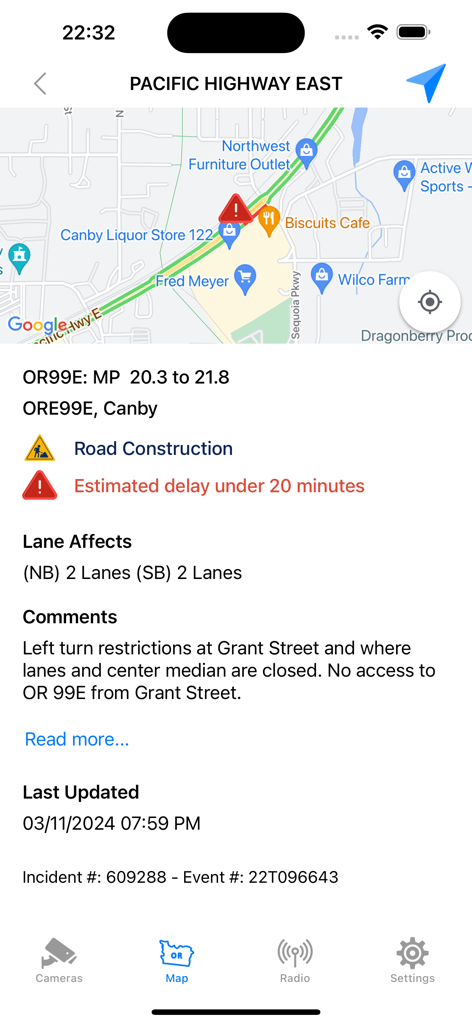 Screenshot of the Oregon Road and Traffic Cams app showing a road construction incident report and map location