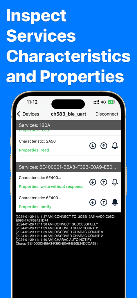 App interface showing detailed Bluetooth services and characteristics for developer debugging.