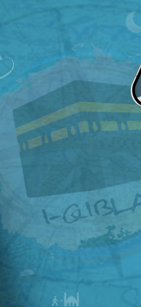 Qibla Finder, Qibla Compass AR - Splash screen of the iQibla app showing a Kaaba illustration on a blue background