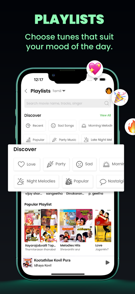 Raaga - Songs & Podcasts - Raaga music app interface showing discovery section with mood-based playlists and Tamil song collections.