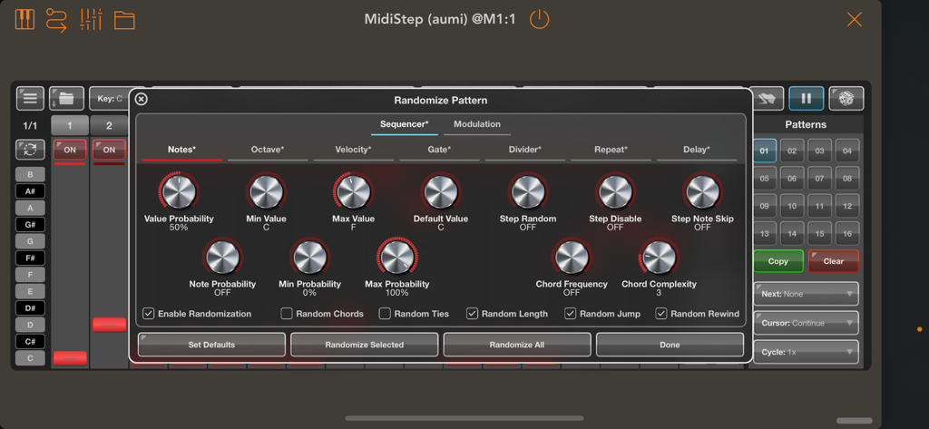 Ventana de configuración de Patrón Aleatorio de la aplicación MidiStep.