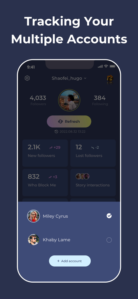 App-Oberfläche zur Verfolgung und Verwaltung mehrerer Instagram-Konten mit Analysen.