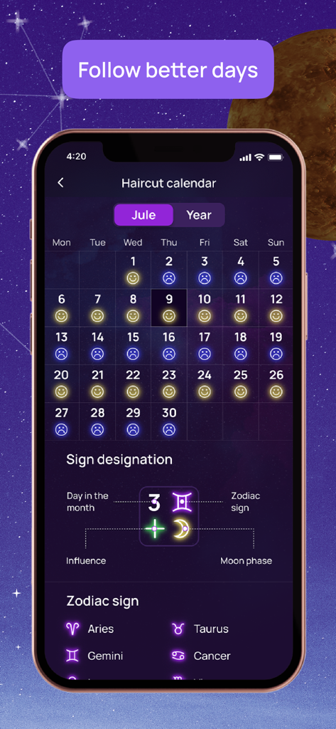 Numia: Astrology and Horoscope - Numia astrology app showing a monthly haircut calendar with favorable and unfavorable days based on moon phases