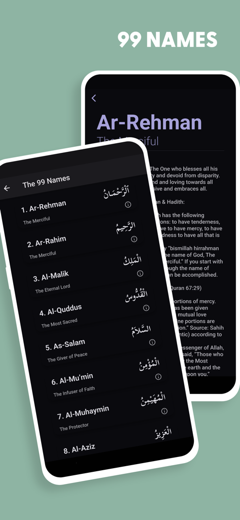 Smartphone screen showing the 99 Names of Allah list and detailed meaning in the Salam App.