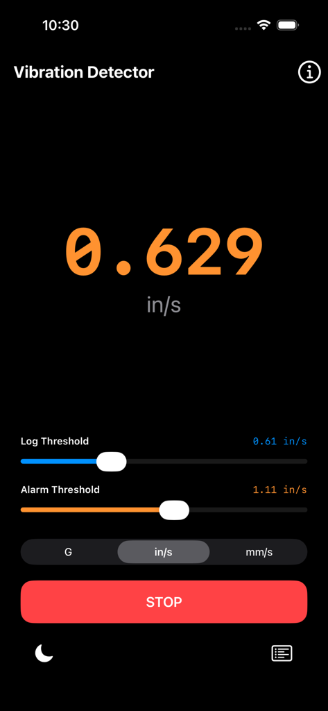 Interface of the Vibration Detector app showing real-time velocity measurement and threshold settings