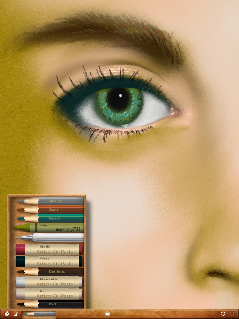 Gros plan d'une peinture numérique d'un œil vert dans l'application Art Set avec des outils d'art virtuels réalistes