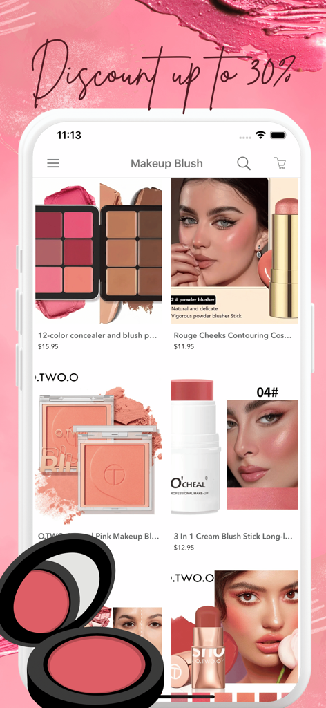 온라인 저렴한 화장품 쇼핑 앱 인터페이스에 다양한 블러쉬 제품과 할인 정보가 표시됨