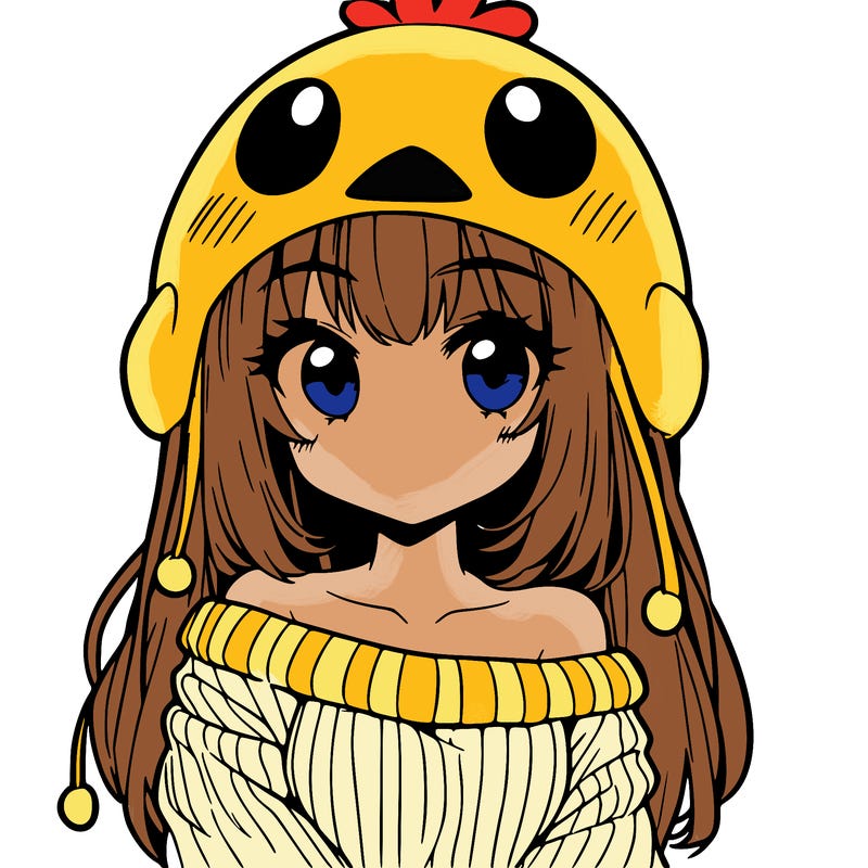anime girl with chick shaped hat with sweater with bare shoulders with bangs covering them one eye with low tail
