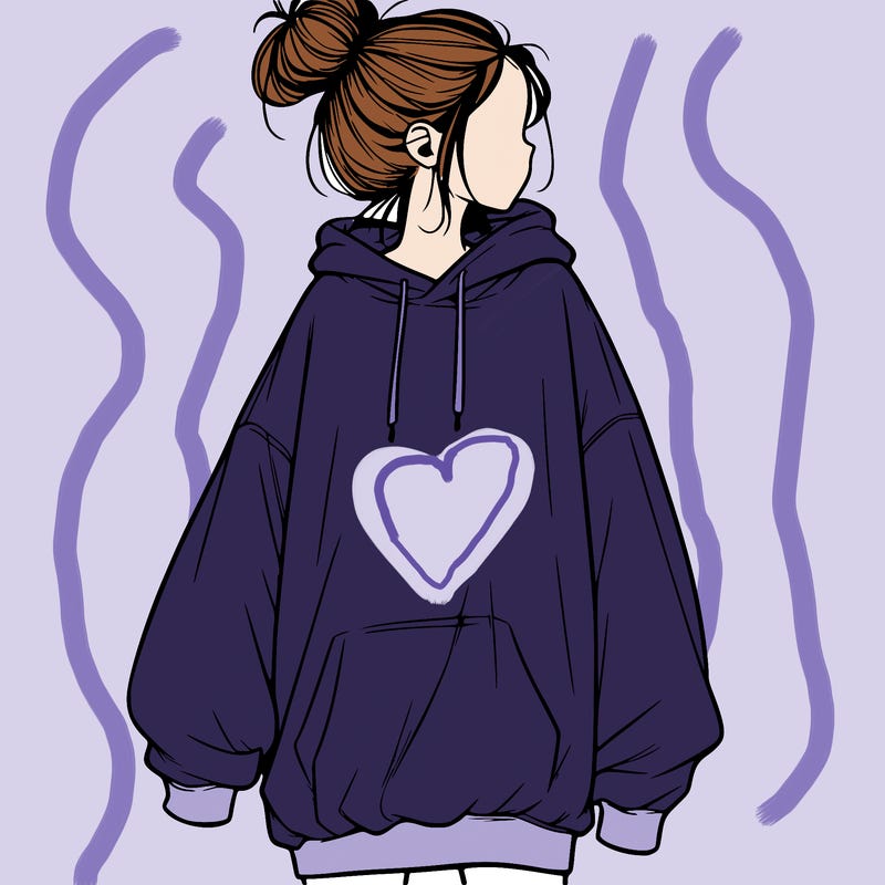 realistic girl with a oversized sweatshirt on and a bun