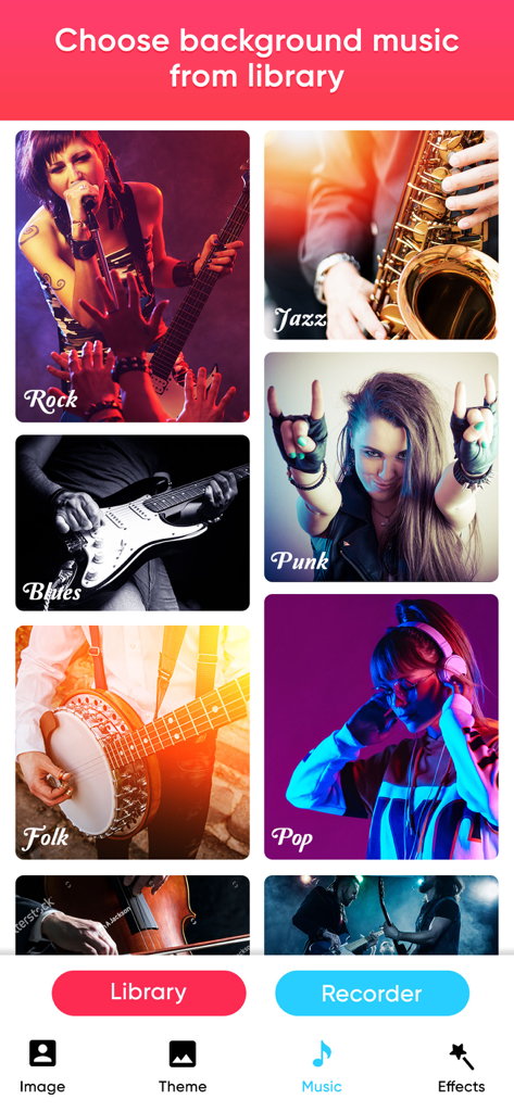 MakeMyMovie-Movie maker - A menu in the MakeMyMovie app showing various background music genres like Jazz, Rock, and Pop for video creation.