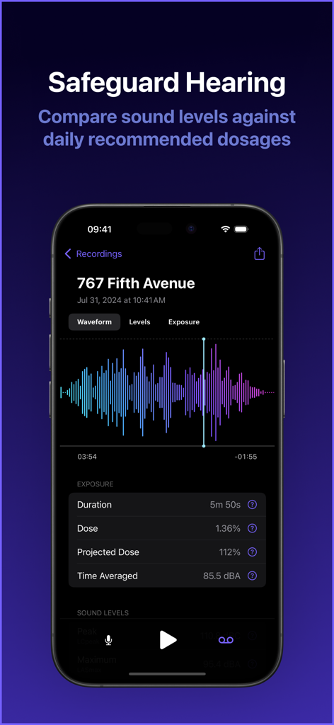 Decibel dB Sound Meter Ultra - Schermata dell'app Decibel Meter Ultra che mostra la forma d'onda della registrazione sonora e le metriche di esposizione al rumore