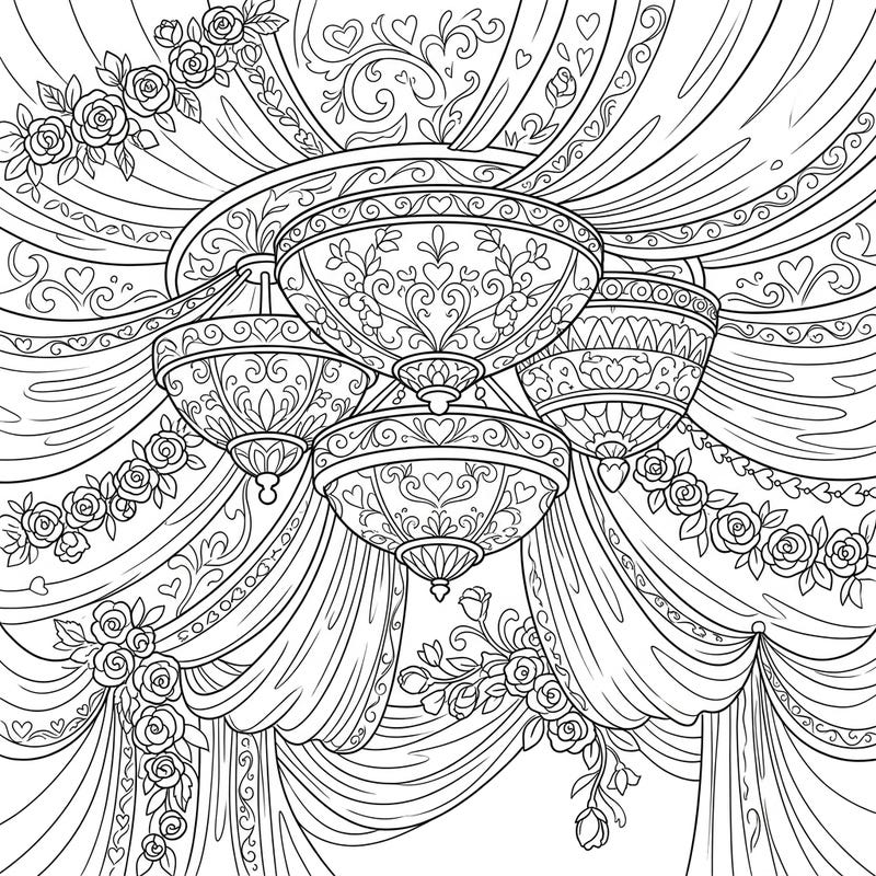 Immerse yourself in the elegance of a wedding celebration with this intricate coloring page featuring ornate flush mount lights. Adorned with delicate florals and romantic flourishes, it's perfect for adding your personal touch to a beautiful scene.