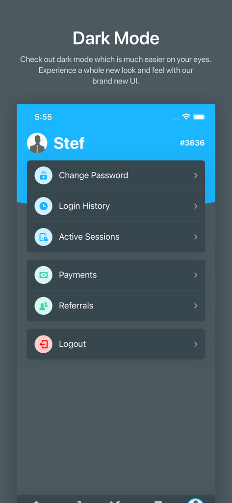 OGAds Earnings - A mobile screenshot of the OGAds Earnings app profile page in dark mode showing settings like Payments and Referrals