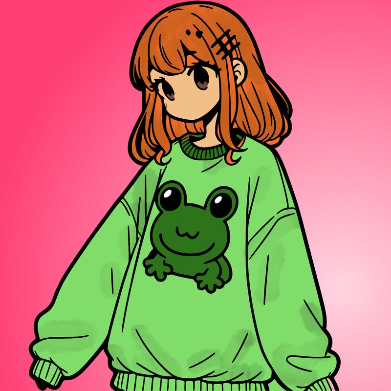 girl wearing frogging sweatshirt