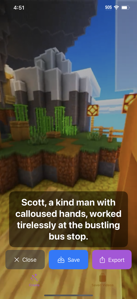 Flash loop - Mobile app interface of Flash loop showing a narrated micro story with a voxel background and export options