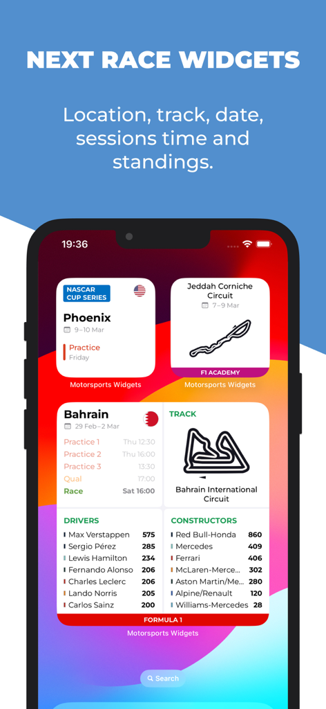 iOS home screen featuring widgets for Formula 1 and NASCAR race schedules and standings