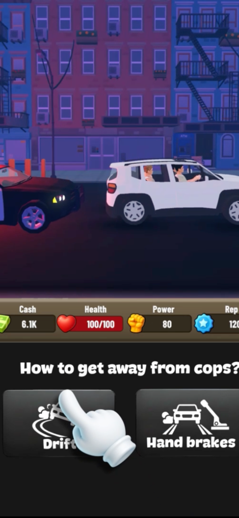 Pawn to Don Mafia Crime Story - Pawn to Don マフィア犯罪物語の警察追跡シーン。ドリフトするかハンドブレーキを使うか、プレイヤーが選択する。