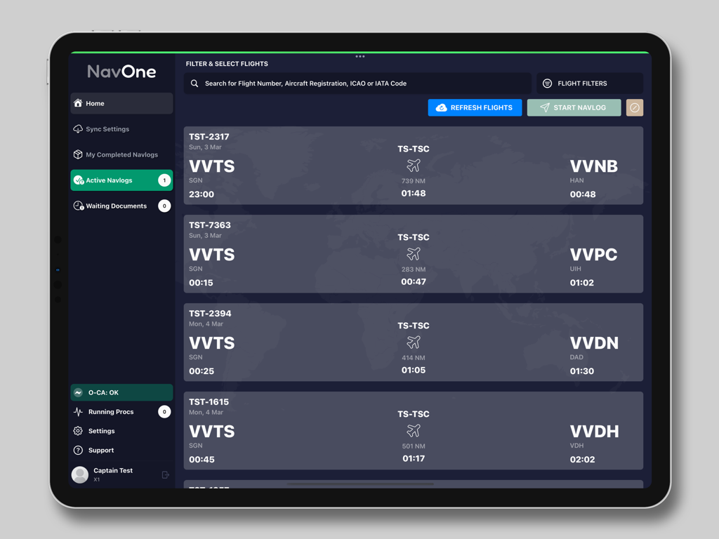 NavOne aviation app dashboard displaying active flight logs and scheduled routes on an iPad screen