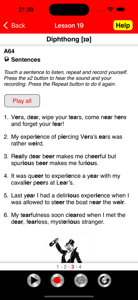 Get Rid of Chinese Accent - A mobile app screen for a British English pronunciation lesson showing practice sentences for the diphthong sound including audio recording and playback tools.