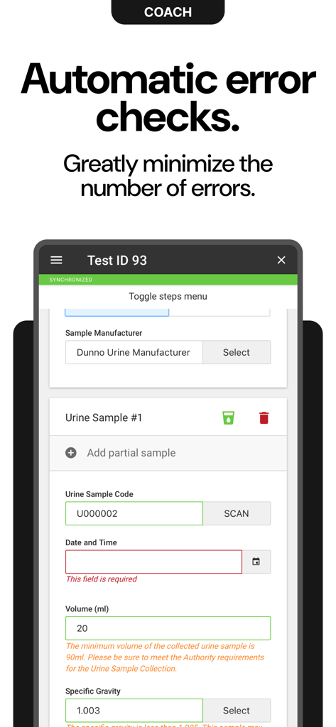 MODOC App Coach mobile interface showing automatic error checks and warnings during a urine sample collection test.