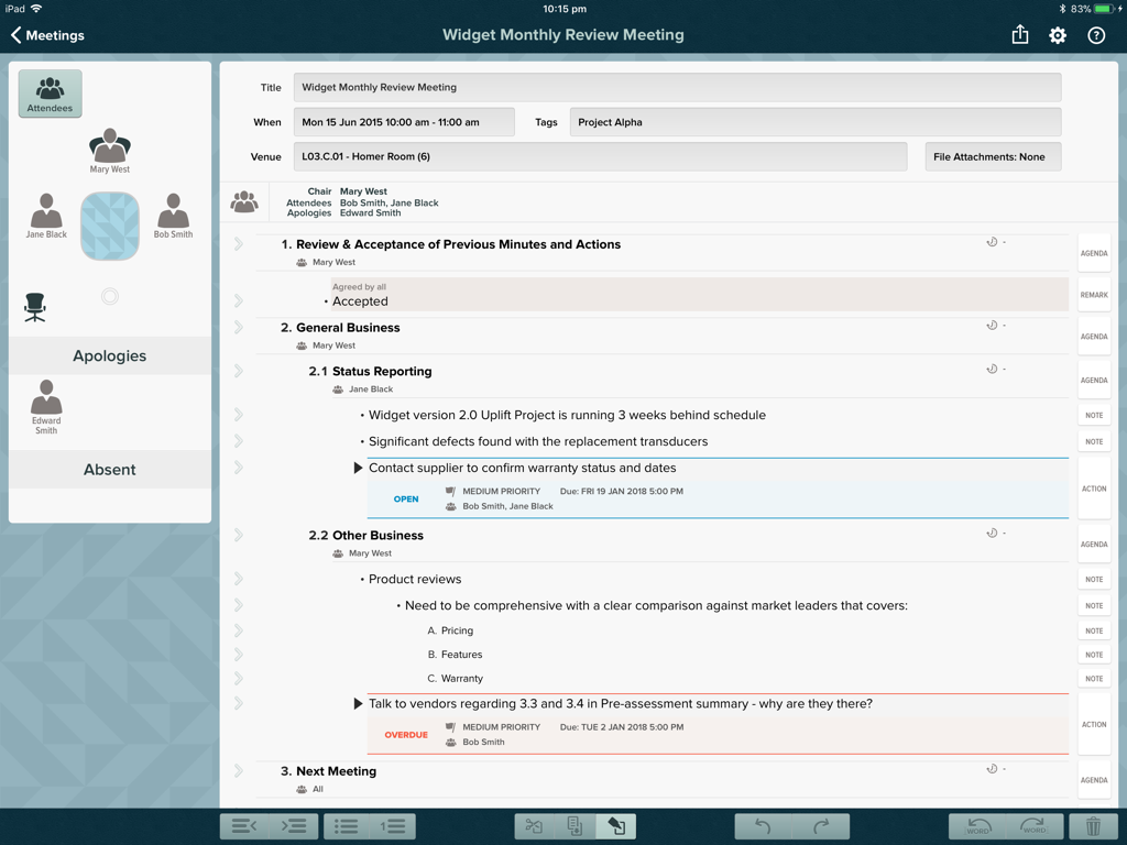 Dashboard of the for Meetings iPad app showing structured meeting minutes, attendees, and action items.