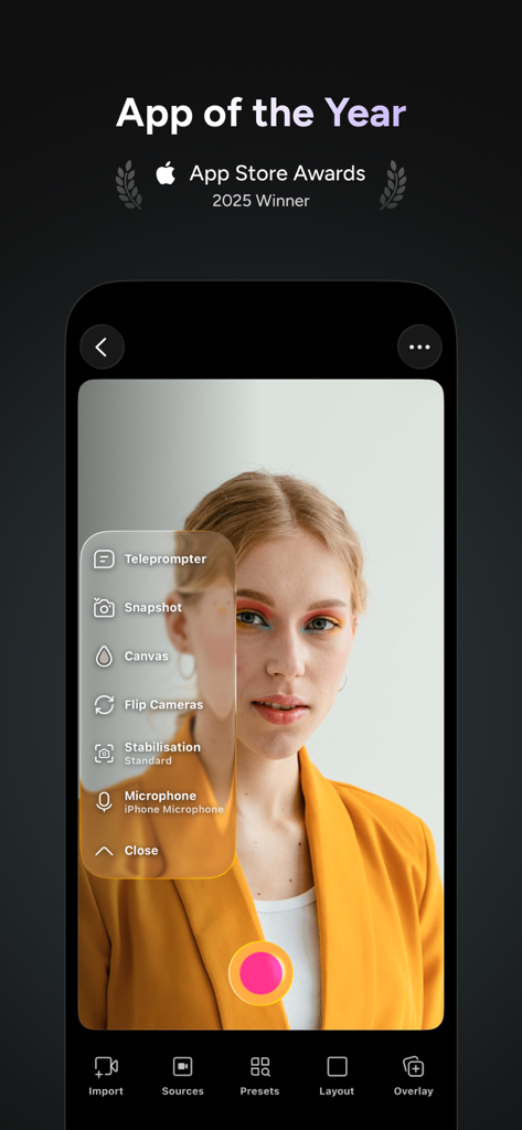 Interfaccia dell'app Detail AI Video Editor con un teleprompter e strumenti di registrazione professionali