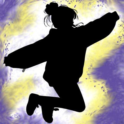 realistic girl jumping with a bun and oversized sweatshirt