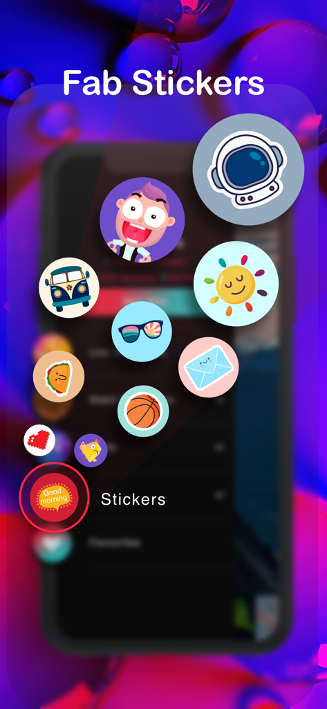 A variety of colorful digital stickers including an astronaut, sun, and taco for social media customization