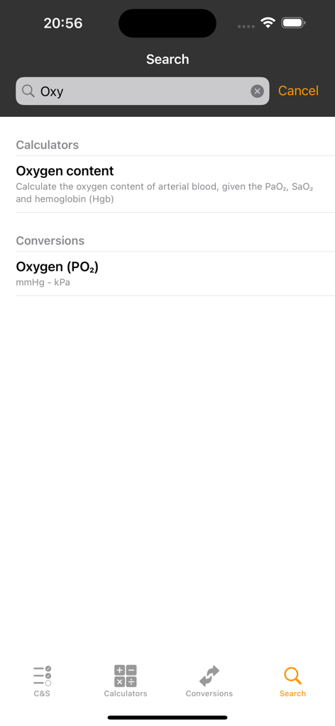 Search interface of mediCS app displaying oxygen calculators and conversions