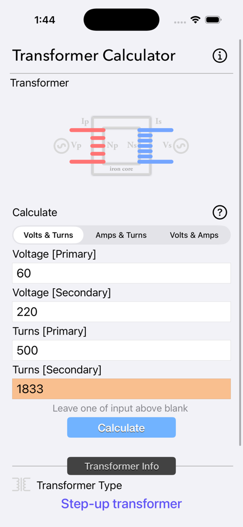 Screenshot of the Transformer Calculator Plus app interface showing a step-up transformer calculation with primary and secondary voltage and turns