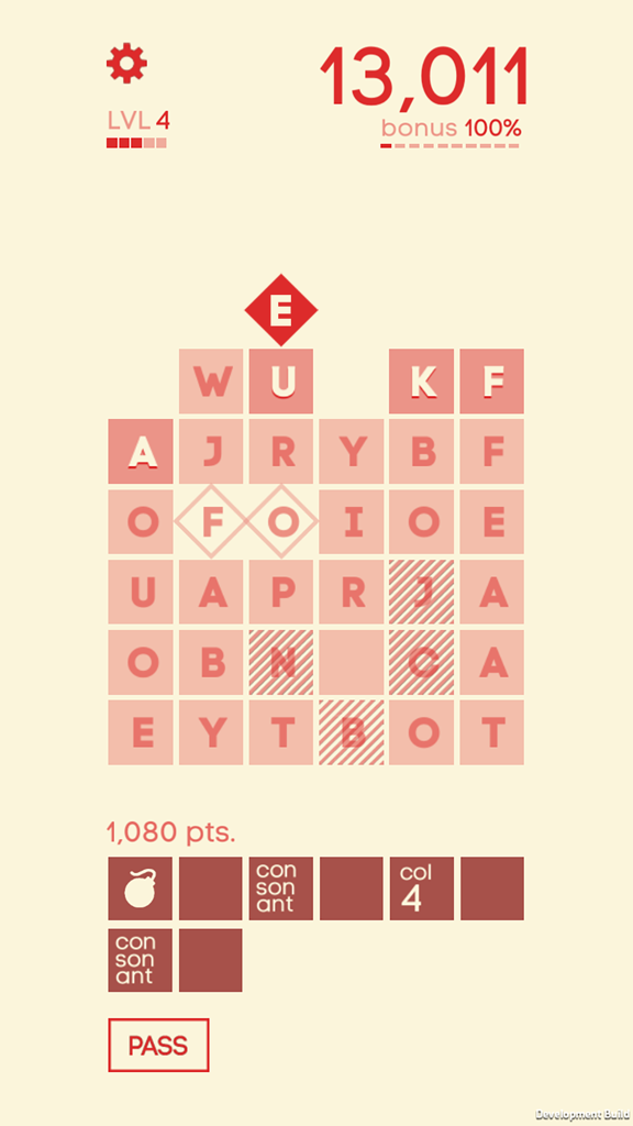 Antigrams - Gameplay screenshot of Antigrams showing a grid of letters and special tile slots on a minimalist red and beige interface