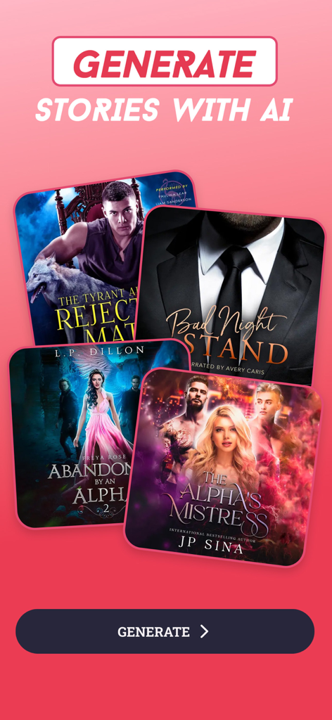 Lovella: Novels & Audiobooks - Lovella app screen showing the AI story generator feature with various romance and werewolf book covers