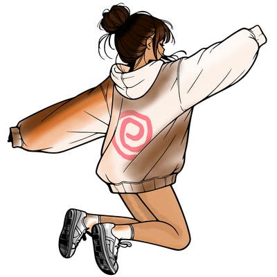 realistic girl jumping with a bun and oversized sweatshirt