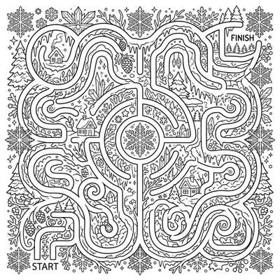 Immerse yourself in a captivating winter labyrinth, where every turn reveals charming snowflakes and frosty details. This intricate maze offers a delightful escape into a snowy wonderland, perfect for mindful coloring.