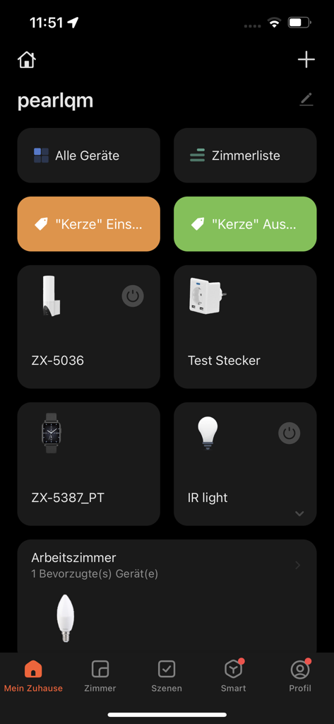 ELESION-App-Startbildschirm mit Steuerelementen für Smart-Home-Geräte wie Lampen, Steckdosen und Kameras