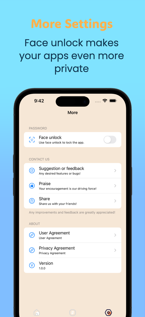 The More Settings screen of Quick Hide app showing a Face unlock toggle for privacy.